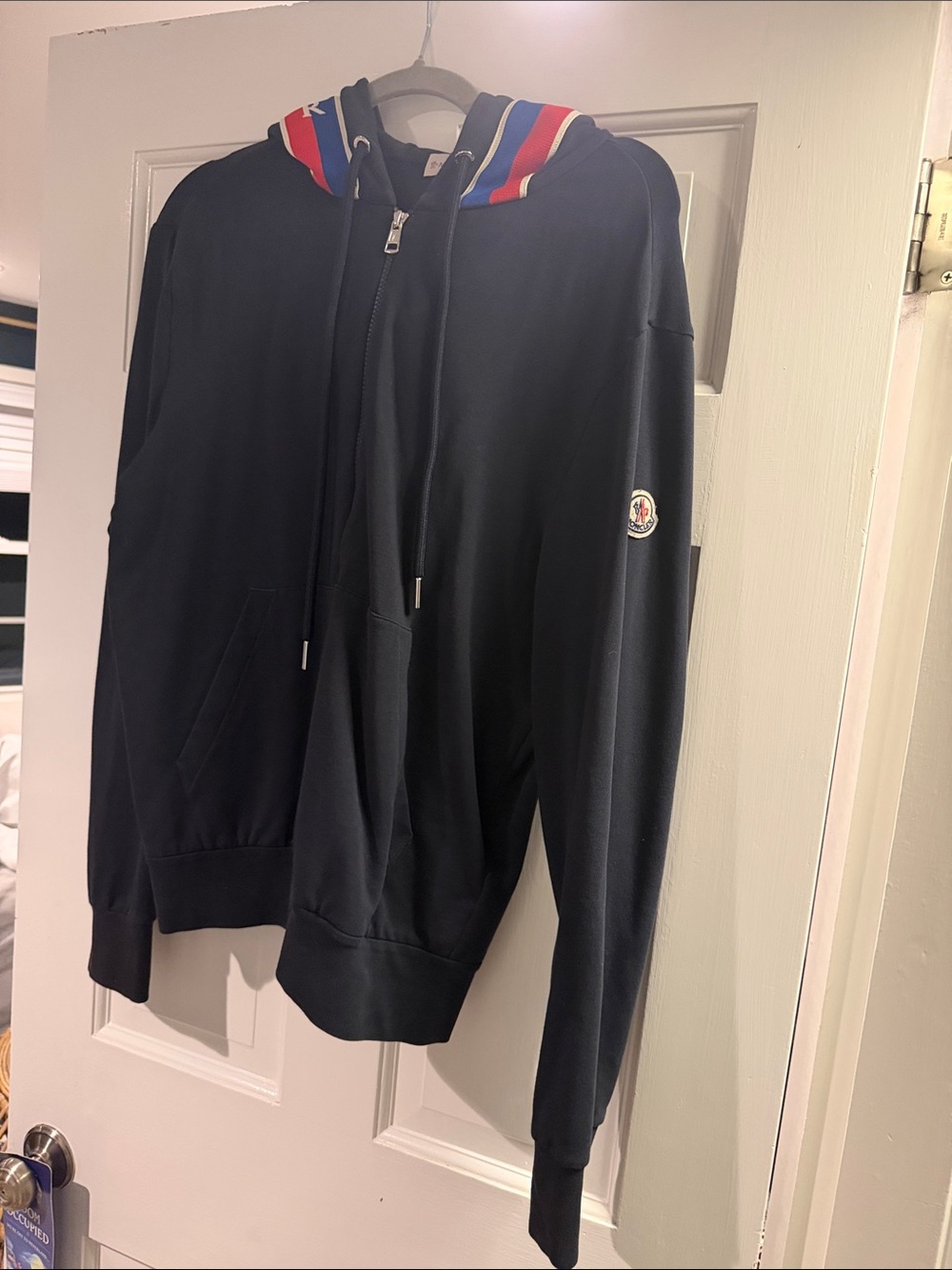 Moncler Navy Zip-Up Hoodie with Red and Blue Hood Stripe